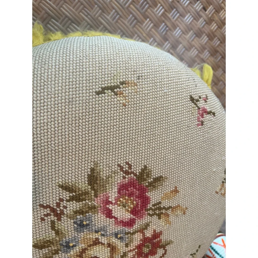 Antique Round Tan Floral Tapestry‎ Needlepoint wood Footstool Stool